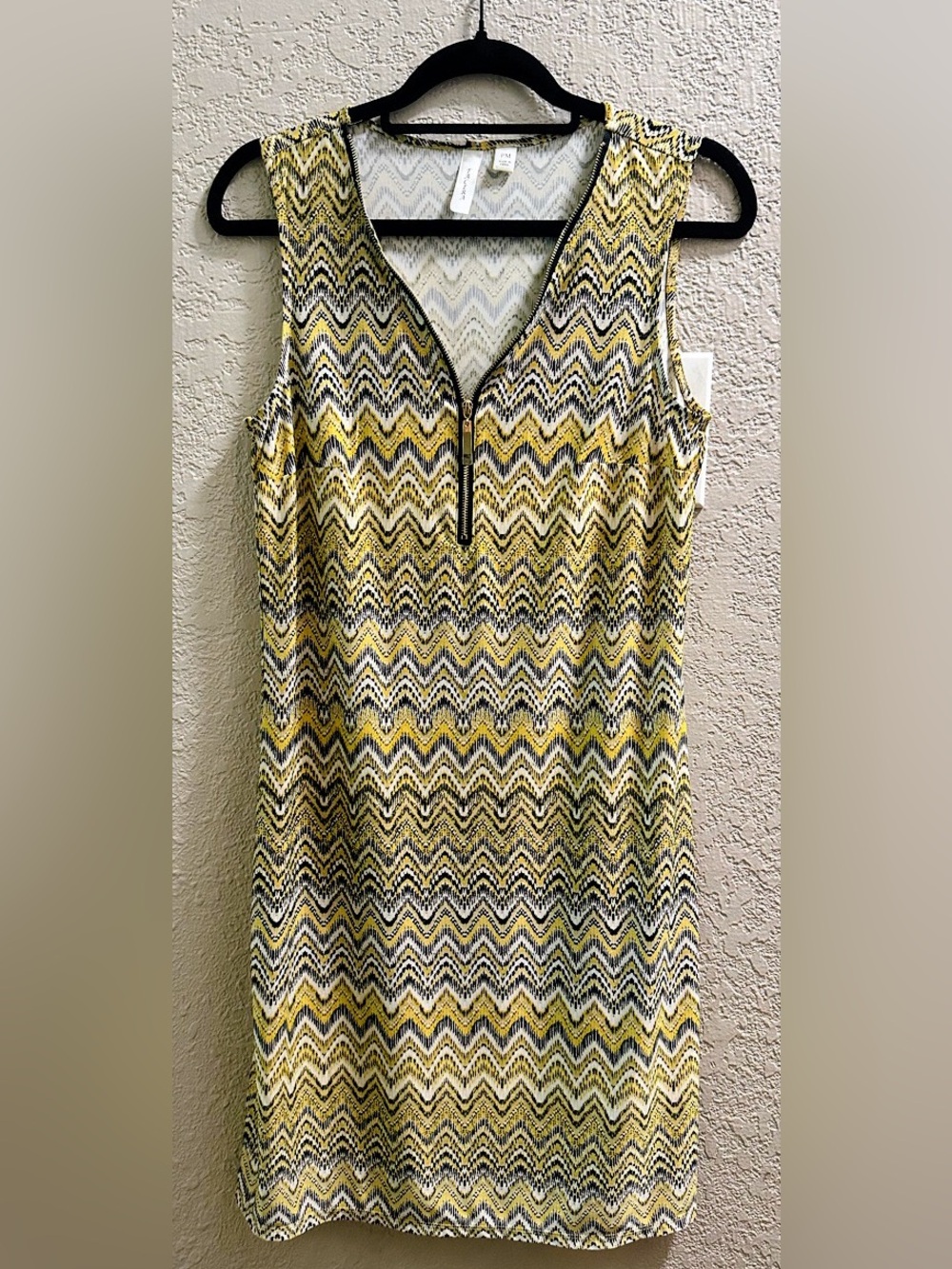 Tacera Yellow, Black & Cream Chevron Zip-Front Tank Top Dress